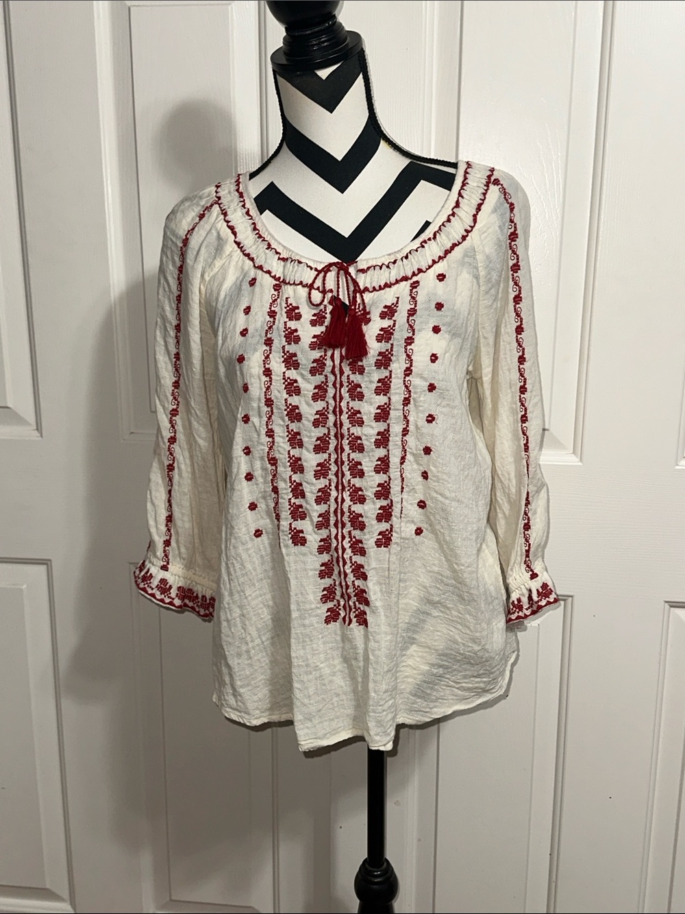 Meadow Rue Cream Tunic Blouse with Red Embroidery